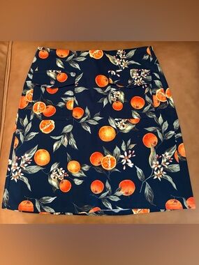 LOFT, Ann Taylor Navy Mini Skirt with Orange Floral Fruit Print
